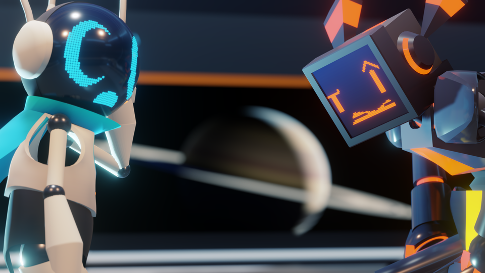 Two confused robots standing in room with Saturn visible out the window.